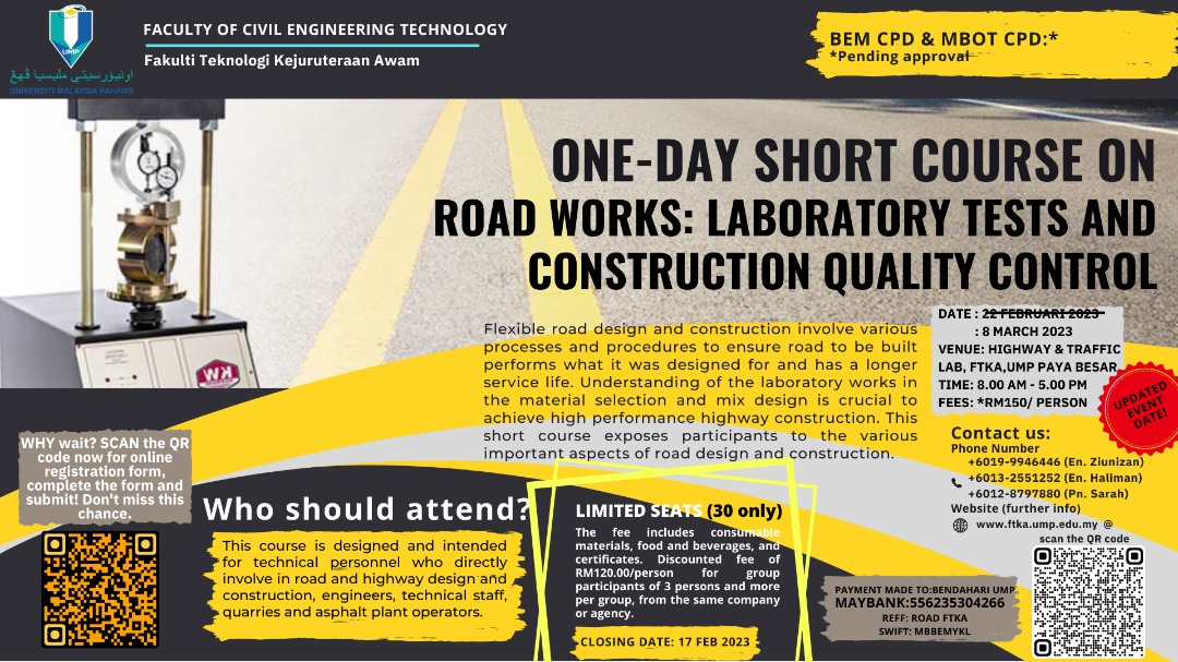 One Day Short Course on Road Works - Laboratory Tests &amp; Construction Quality Control on 8th March 2023